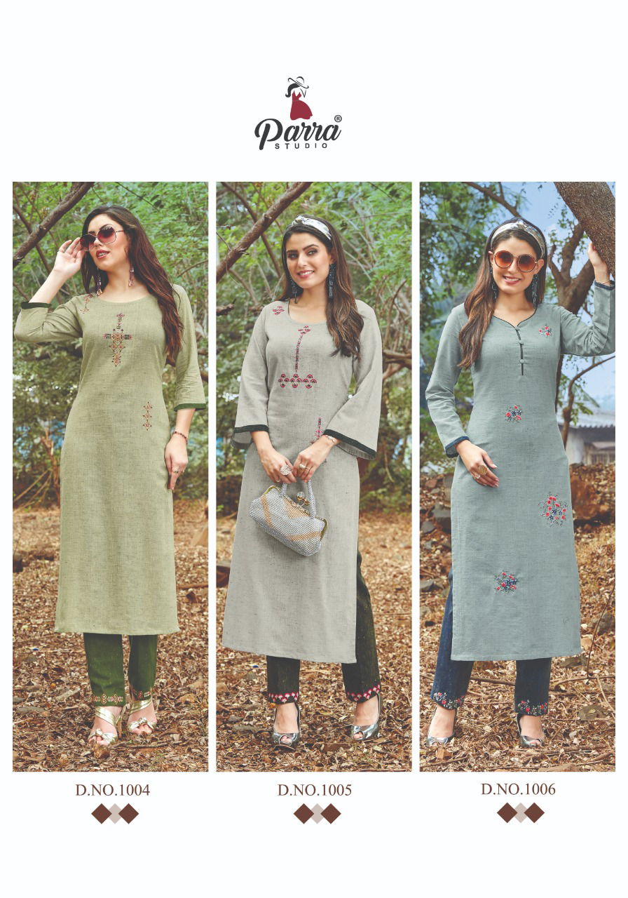 Parra Nature Ethnic Wear Cotton Slub Fancy Kurti With Bottom Collection